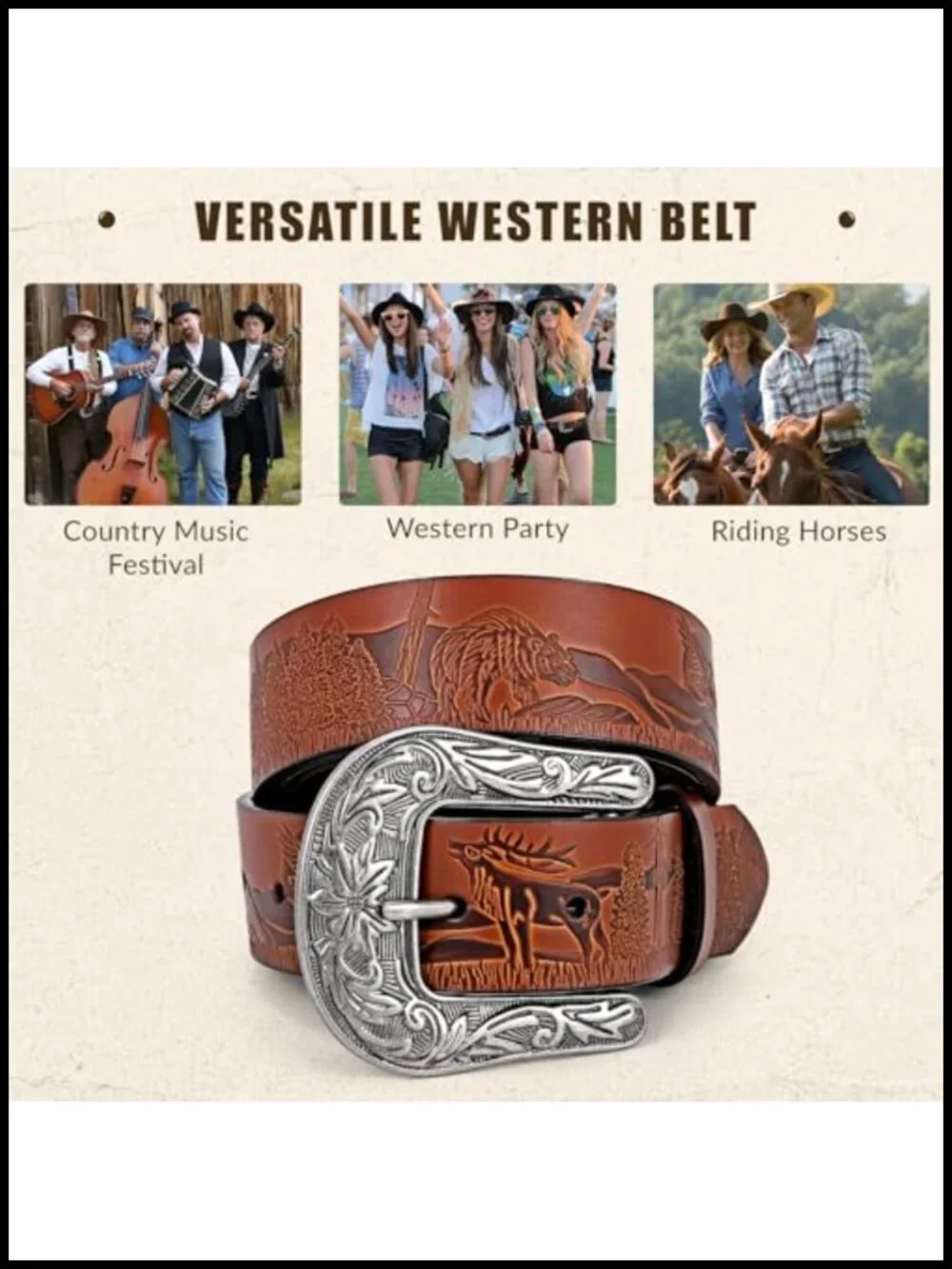 Western Leather Belt with Removable Silver Buckle - Men Women